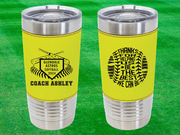 Custom Softball Tumbler | Personalized Coach Gift | Softball Team Insulated Tumbler | Leatherette 20 Ounce Tumbler | Softball Coach Award