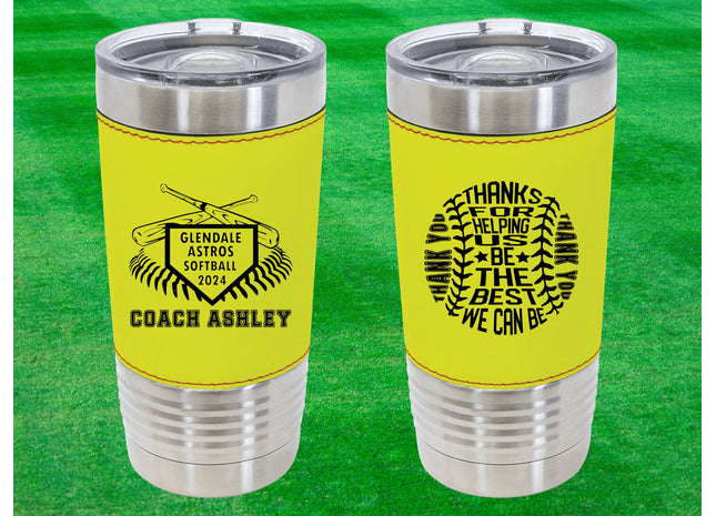 Custom Softball Tumbler | Personalized Coach Gift | Softball Team Insulated Tumbler | Leatherette 20 Ounce Tumbler | Softball Coach Award
