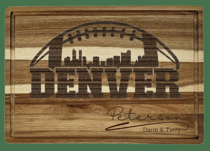 Custom Denver football cutting board featuring the city skyline and a football design. Personalized as requested to make a great gift.