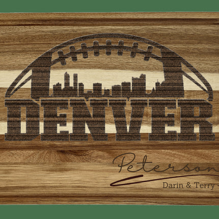 Custom Denver football cutting board featuring the city skyline and a football design. Personalized as requested to make a great gift.