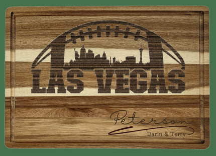 Custom Las Vegas football cutting board featuring the city skyline and a football design. Personalized as requested to make a great gift.