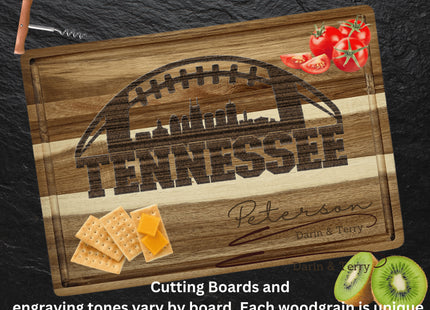 Custom Tennessee football cutting board featuring the city skyline and a football design. Personalized as requested to make a great gift.
