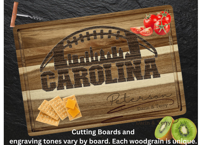 Custom Carolina football cutting board featuring the city skyline and a football design. Personalized as requested to make a great gift.