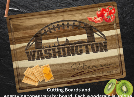 Custom Washington football cutting board featuring the city skyline and a football design. Personalized as requested to make a great gift.