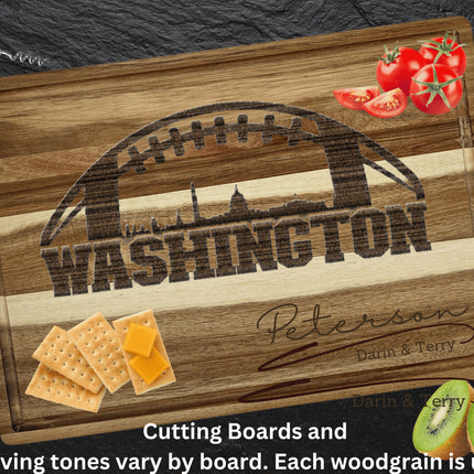 Custom Washington football cutting board featuring the city skyline and a football design. Personalized as requested to make a great gift.