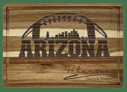 Custom Arizona football cutting board featuring the city skyline and a football design. Personalized as requested to make a great gift.