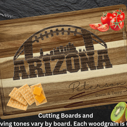 Custom Arizona football cutting board featuring the city skyline and a football design. Personalized as requested to make a great gift.