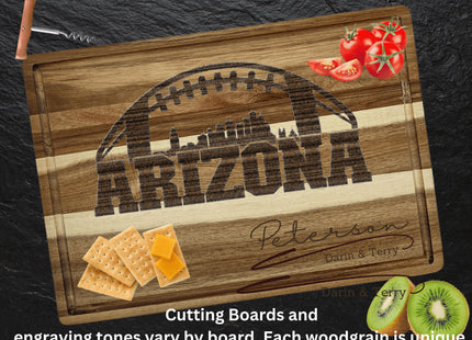 Custom Arizona football cutting board featuring the city skyline and a football design. Personalized as requested to make a great gift.
