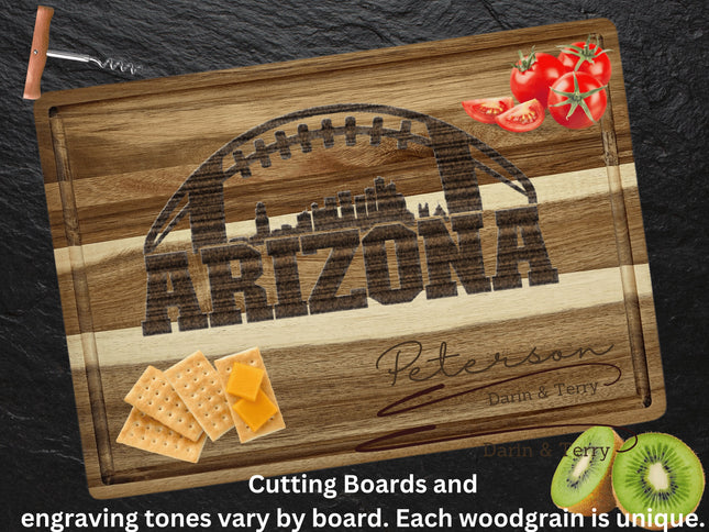 Custom Arizona football cutting board featuring the city skyline and a football design. Personalized as requested to make a great gift.