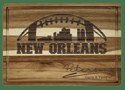 Custom New Orleans football cutting board featuring the city skyline and a football design. Personalized as requested to make a great gift.