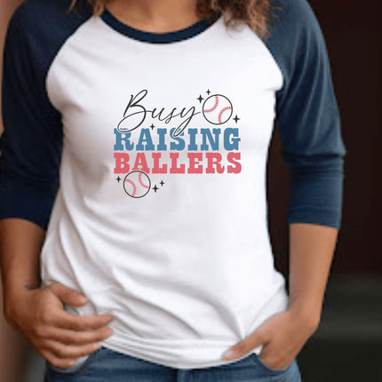 Busy Raising Ballers Baseball Mom 3/4 Sleeve Tee