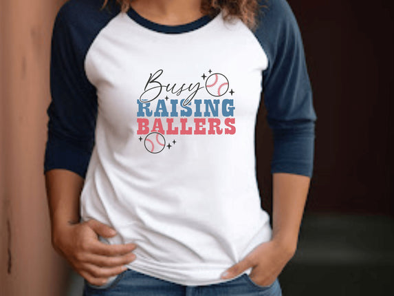 Busy Raising Ballers Baseball Mom 3/4 Sleeve Tee