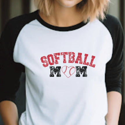 Softball Mom Raglan Shirt: Heart Graphic 3/4 Sleeve Tee