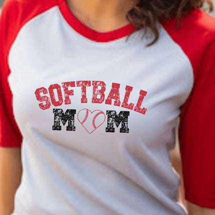 Softball Mom Raglan Shirt: Heart Graphic 3/4 Sleeve Tee