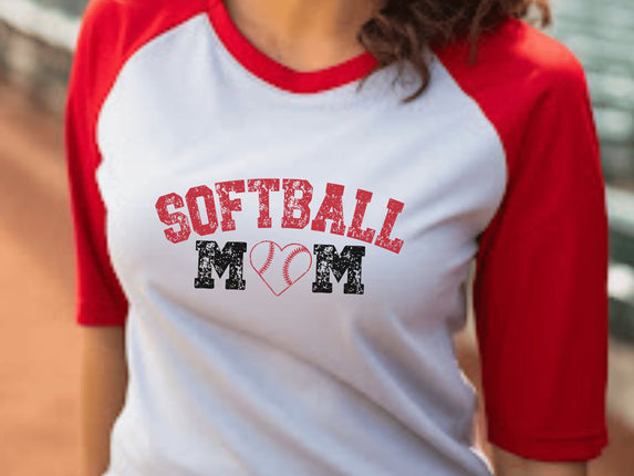 Softball Mom 3/4 Sleeve Tee: Heart & Love Design