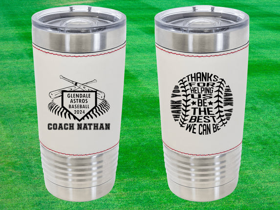 Custom Baseball Tumbler | Personalized Coach Gift | Baseball Team Insulated Tumbler | Leatherette 20 Ounce Tumbler | Baseball Coach Award