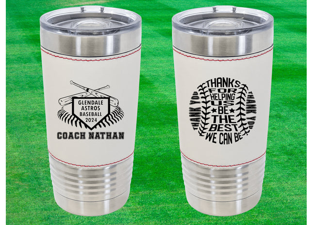 Custom Baseball Tumbler | Personalized Coach Gift | Baseball Team Insulated Tumbler | Leatherette 20 Ounce Tumbler | Baseball Coach Award