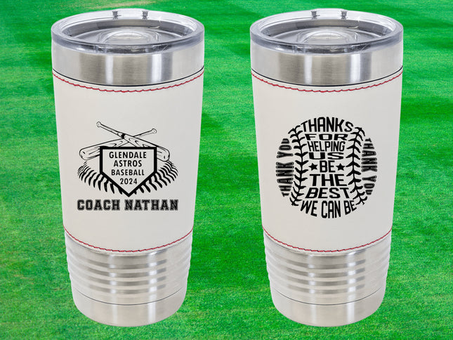 Custom Baseball Tumbler | Personalized Coach Gift | Baseball Team Insulated Tumbler | Leatherette 20 Ounce Tumbler | Baseball Coach Award