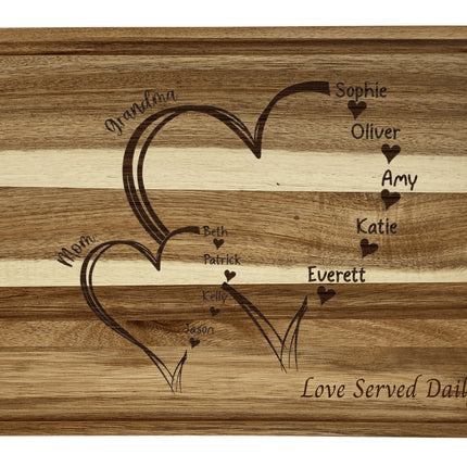 Custom family cutting board featuring the hearts and children's names. Personalized as requested to make a great gift.