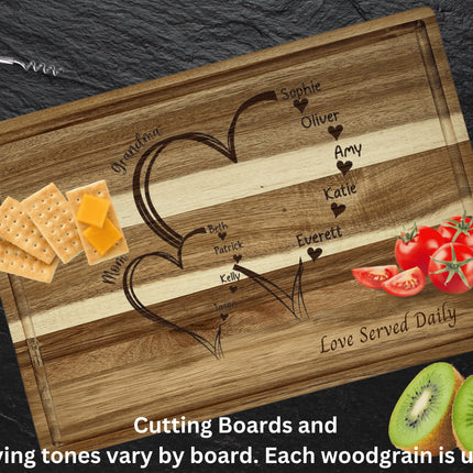 Custom family cutting board featuring the hearts and children's names. Personalized as requested to make a great gift.