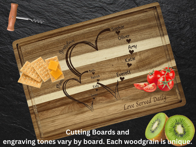 Custom family cutting board featuring the hearts and children's names. Personalized as requested to make a great gift.