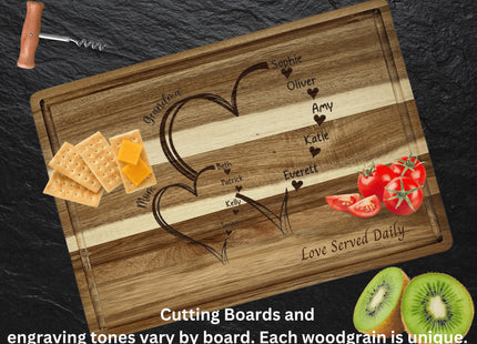 Custom family cutting board featuring the hearts and children&#39;s names. Personalized as requested to make a great gift.