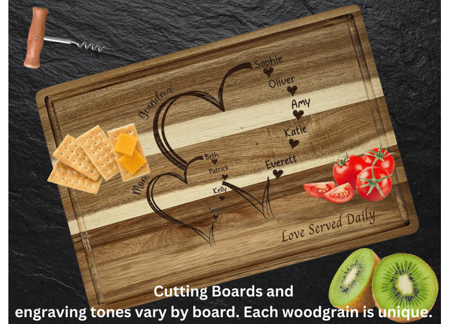 Custom family cutting board featuring the hearts and children&#39;s names. Personalized as requested to make a great gift.