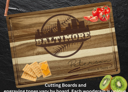 Personalized Baltimore Baseball Fan Acacia Cutting Board