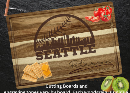 Personalized Seattle Baseball Cutting Board: Acacia Wood, Sports Fan Gift