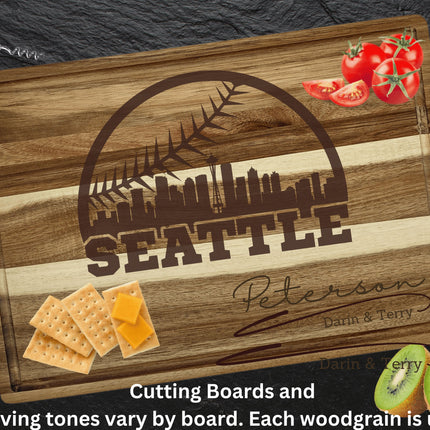 Personalized Seattle Baseball Cutting Board: Acacia Wood, Sports Fan Gift
