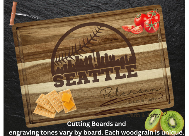Personalized Seattle Baseball Cutting Board: Acacia Wood, Sports Fan Gift