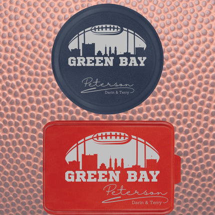 Green Bay Football aluminum cake pan and pie tin. Personalized engraving for tailgating.