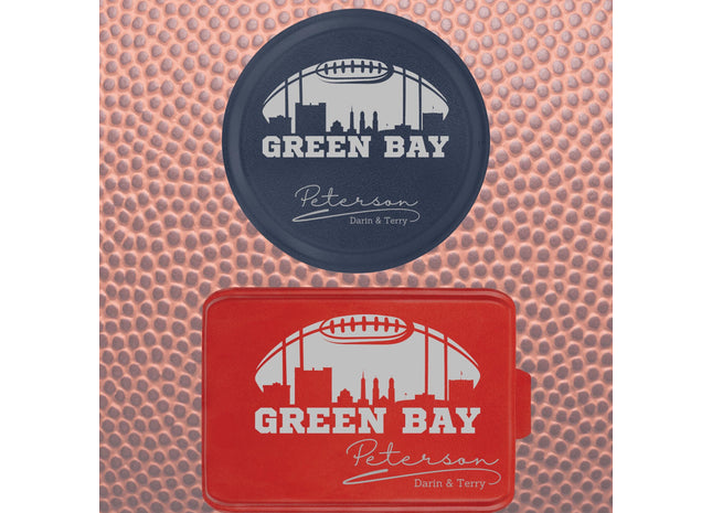 Green Bay Football aluminum cake pan and pie tin. Personalized engraving for tailgating.