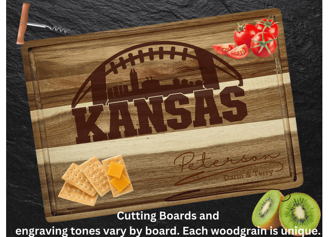 Personalized Kansas Football Cutting Board: Acacia Wood, Laser Engraved