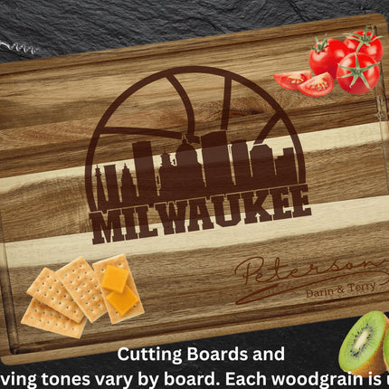 Personalized Milwaukee Acacia Wood Cutting Board: Basketball Fan Gift