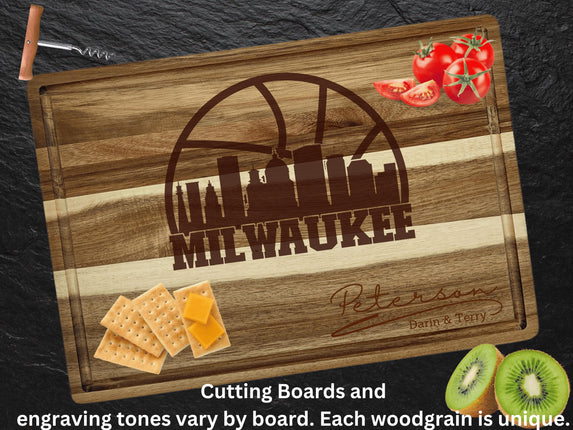 Personalized Milwaukee Acacia Wood Cutting Board: Basketball Fan Gift
