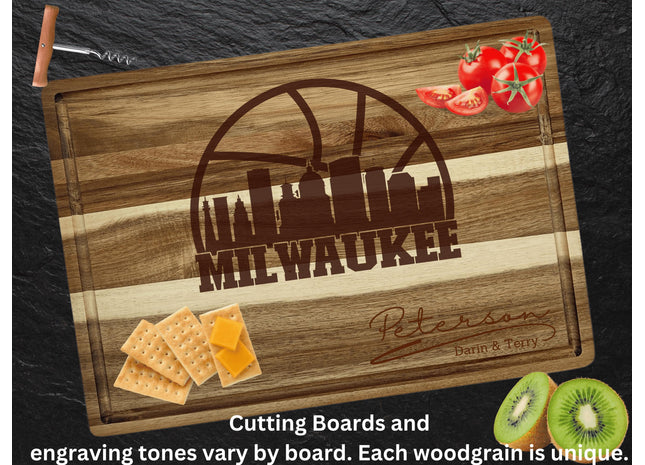 Personalized Milwaukee Acacia Wood Cutting Board: Basketball Fan Gift