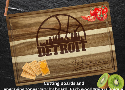 Personalized Detroit Basketball Fan Gift: Engraved Acacia Wood Cutting Board