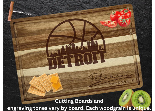 Personalized Detroit Basketball Fan Gift: Engraved Acacia Wood Cutting Board