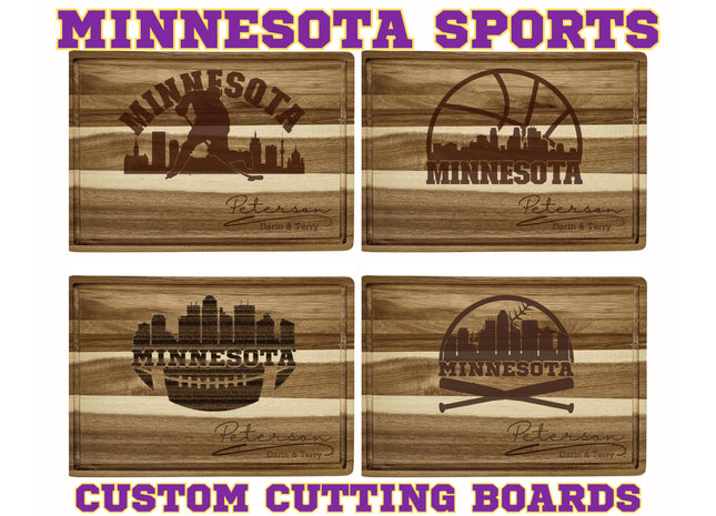 Personalized Minnesota Sports Cutting Board: Engraved Acacia Wood Fan Gift