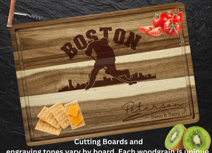 Personalized Acacia Wood Cutting Board: Boston Hockey Fan Gift