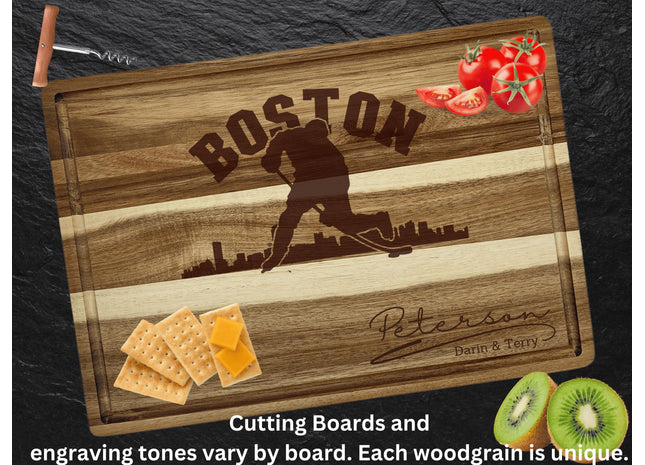 Personalized Acacia Wood Cutting Board: Boston Hockey Fan Gift