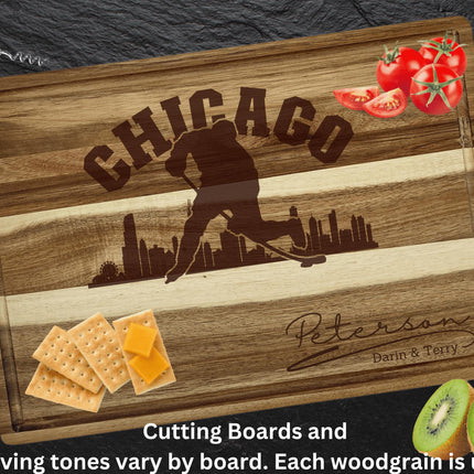 Personalized Chicago Hockey Fan Acacia Cutting Board