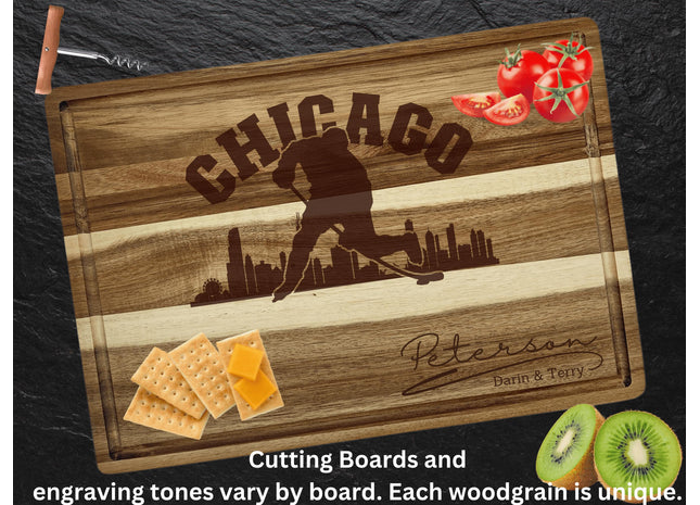 Personalized Chicago Hockey Fan Acacia Cutting Board