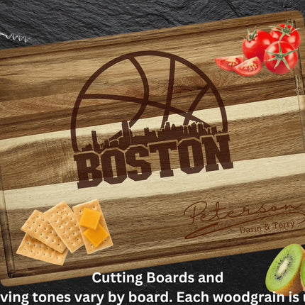 Personalized Boston Basketball Fan Gift: Acacia Wood Cutting Board
