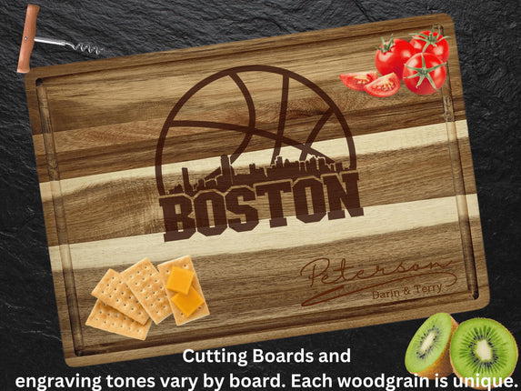 Personalized Boston Basketball Fan Gift: Acacia Wood Cutting Board