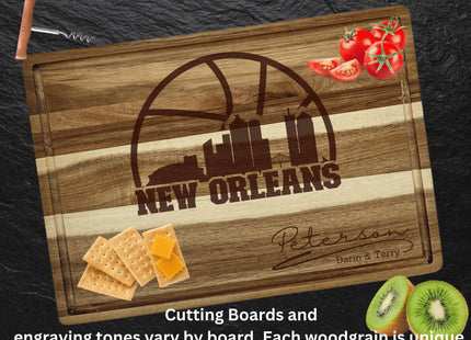 Personalized New Orleans Acacia Wood Cutting Board: Basketball Fan Gift