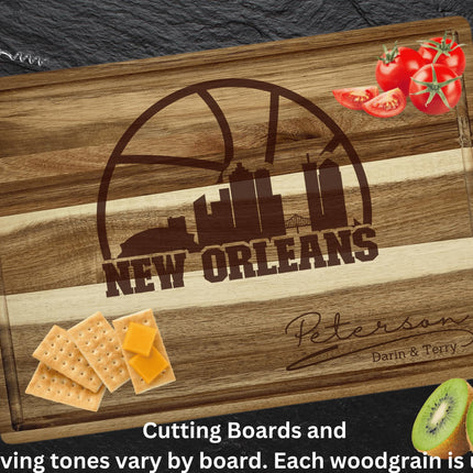 Personalized New Orleans Acacia Wood Cutting Board: Basketball Fan Gift