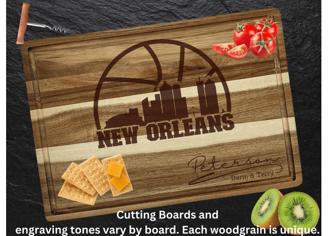 Personalized New Orleans Acacia Wood Cutting Board: Basketball Fan Gift