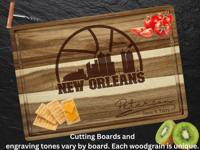 Personalized New Orleans Acacia Wood Cutting Board: Basketball Fan Gift